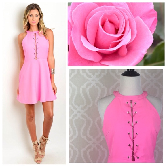 Rose Pink Lace Up Flare Dress - Picture 5 of 8